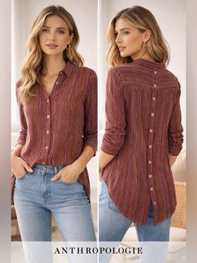 Anthropologie Striped Button Back Blouse Size Small Fitted High Low Hem Boho
